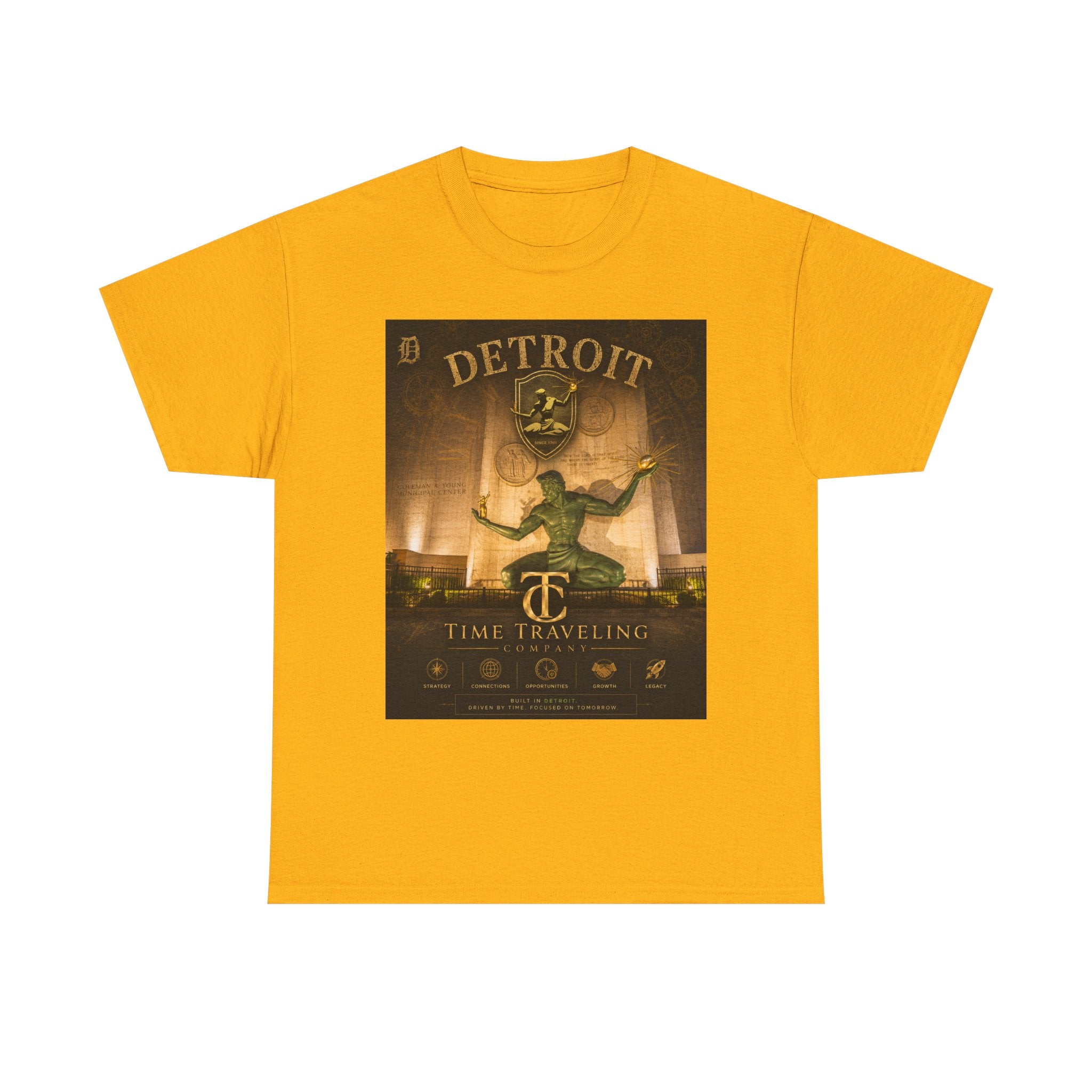 Detroit Time Traveling Company Tee — Vintage Guardian Statue Retro City Poster T-Shirt