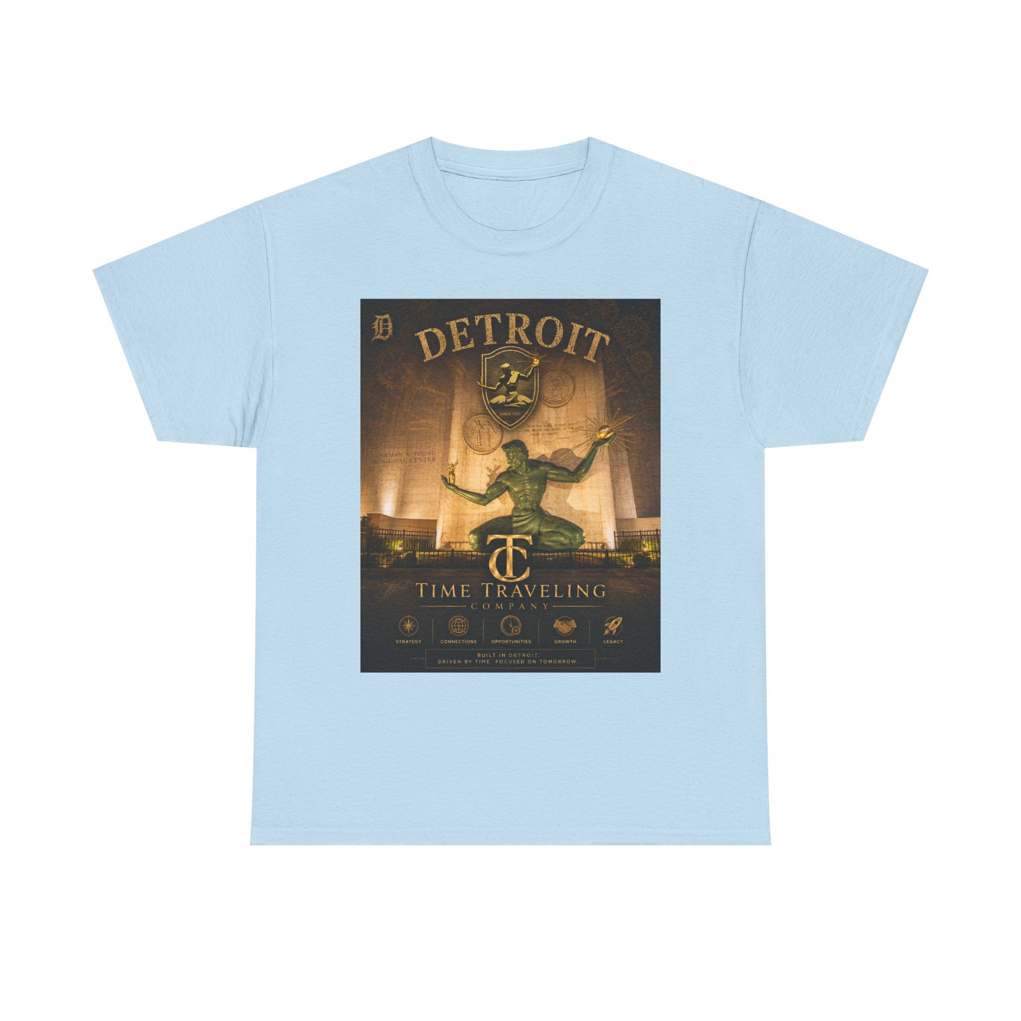 Detroit Time Traveling Company Tee — Vintage Guardian Statue Retro City Poster T-Shirt