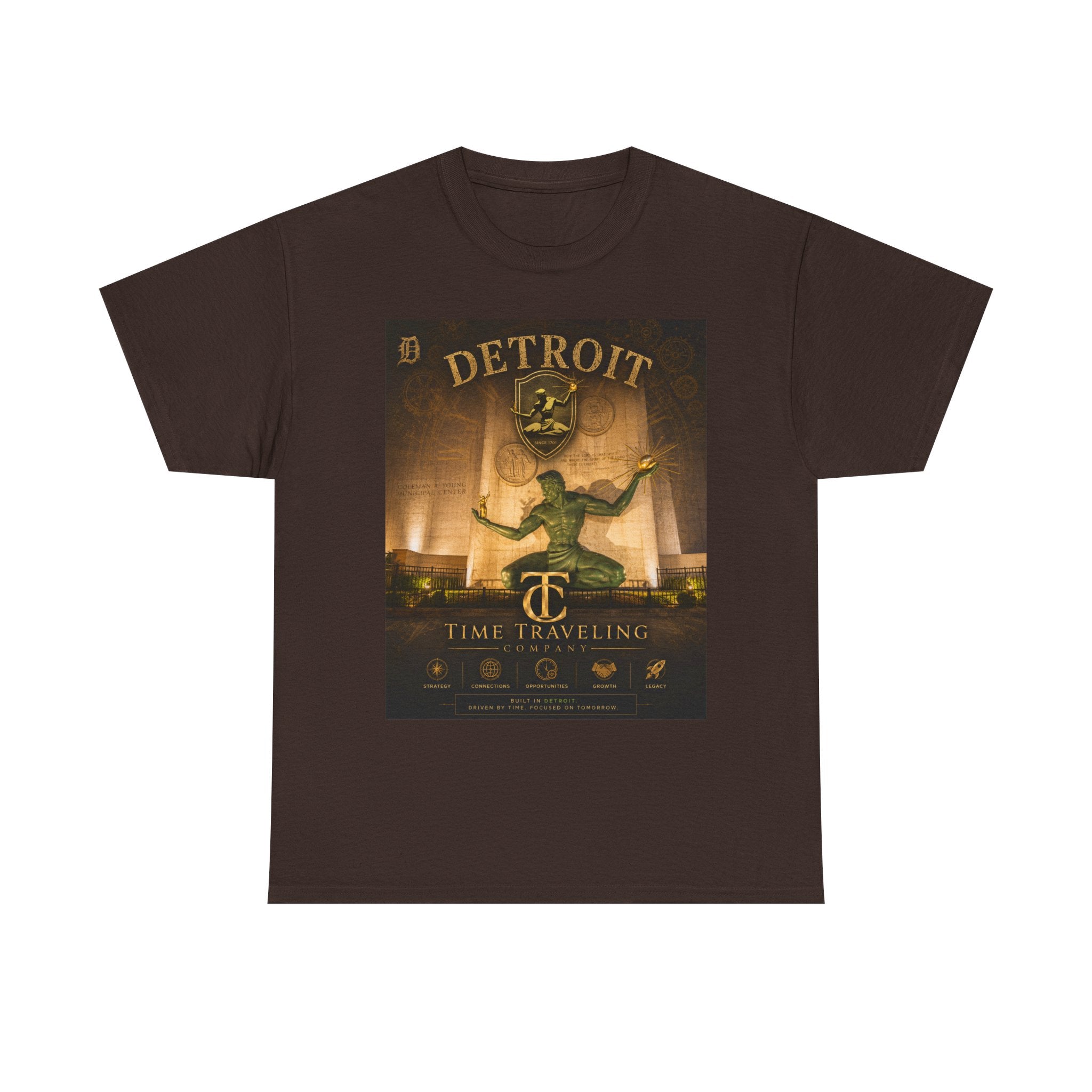 Detroit Time Traveling Company Tee — Vintage Guardian Statue Retro City Poster T-Shirt