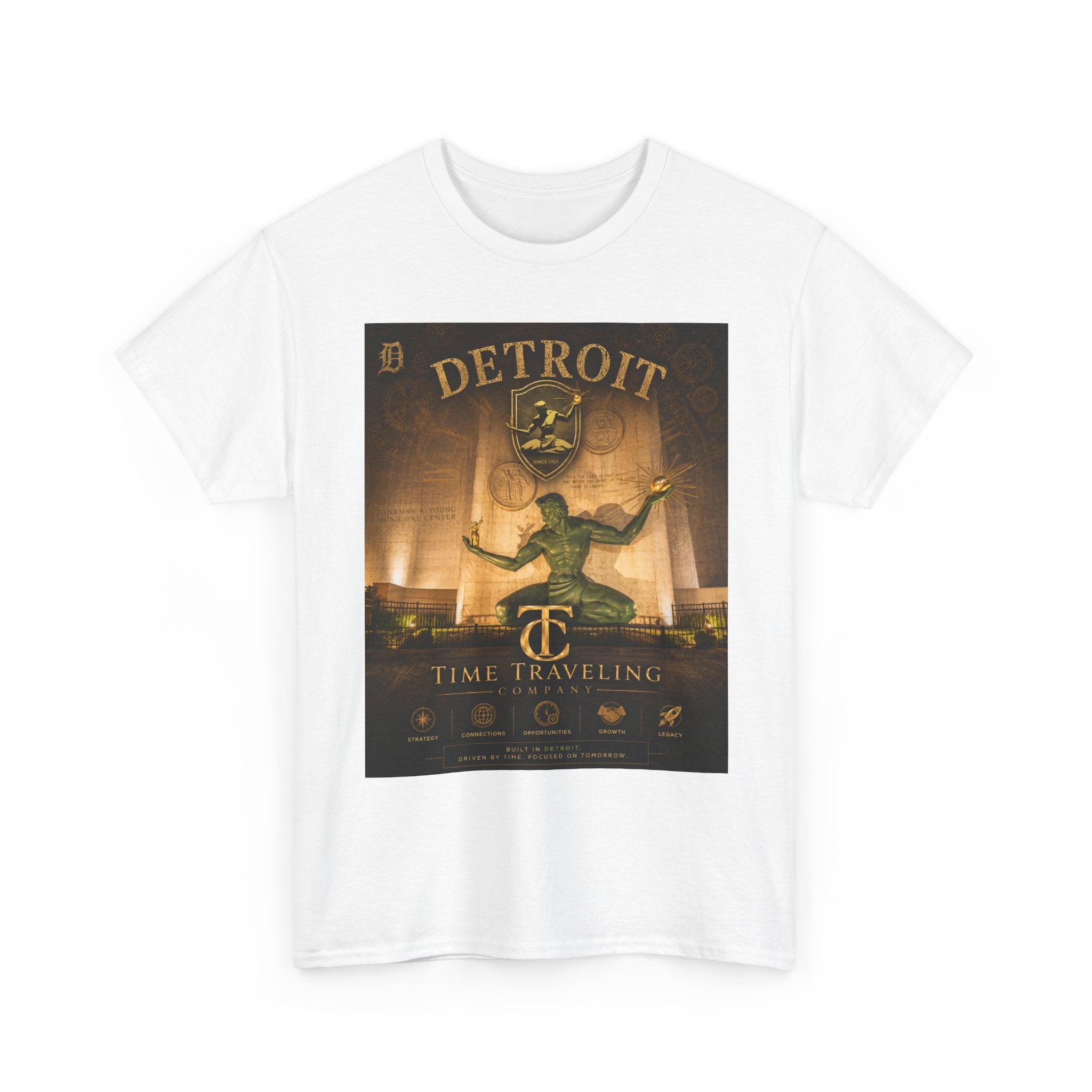 Detroit Time Traveling Company Tee — Vintage Guardian Statue Retro City Poster T-Shirt