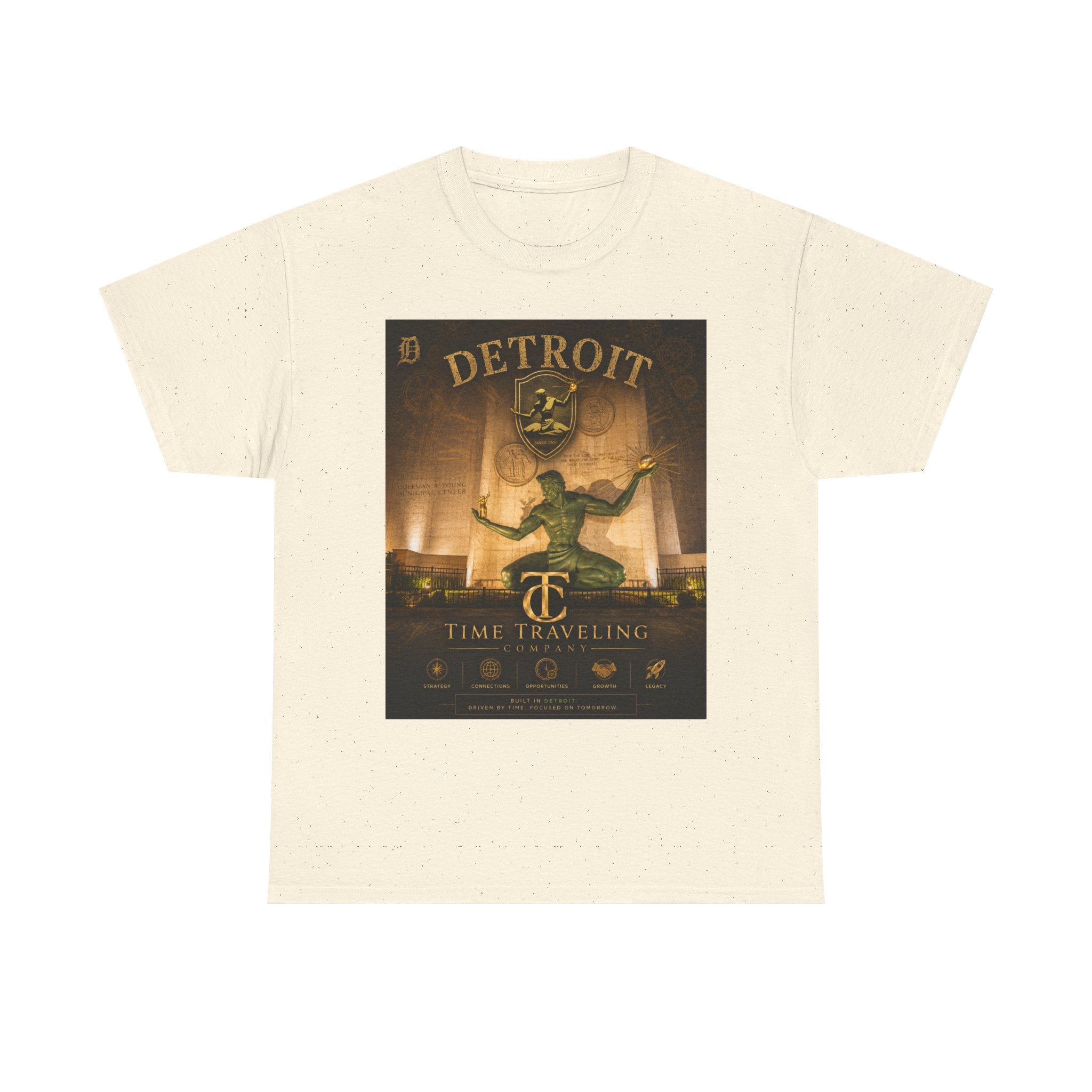 Detroit Time Traveling Company Tee — Vintage Guardian Statue Retro City Poster T-Shirt