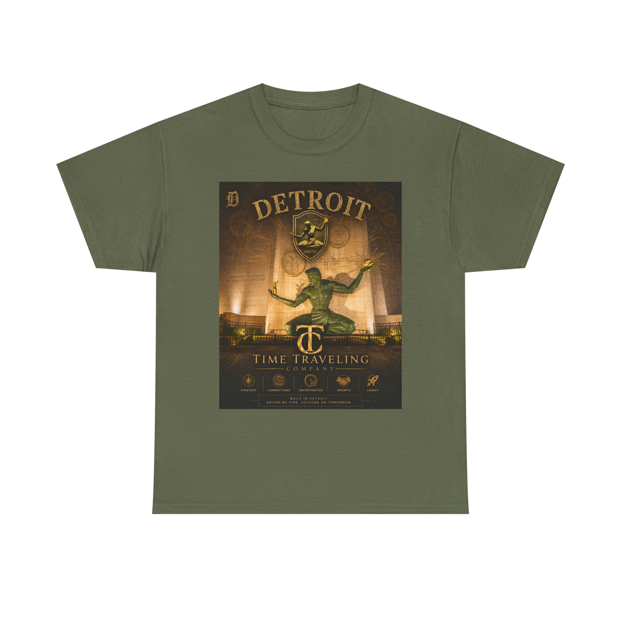 Detroit Time Traveling Company Tee — Vintage Guardian Statue Retro City Poster T-Shirt