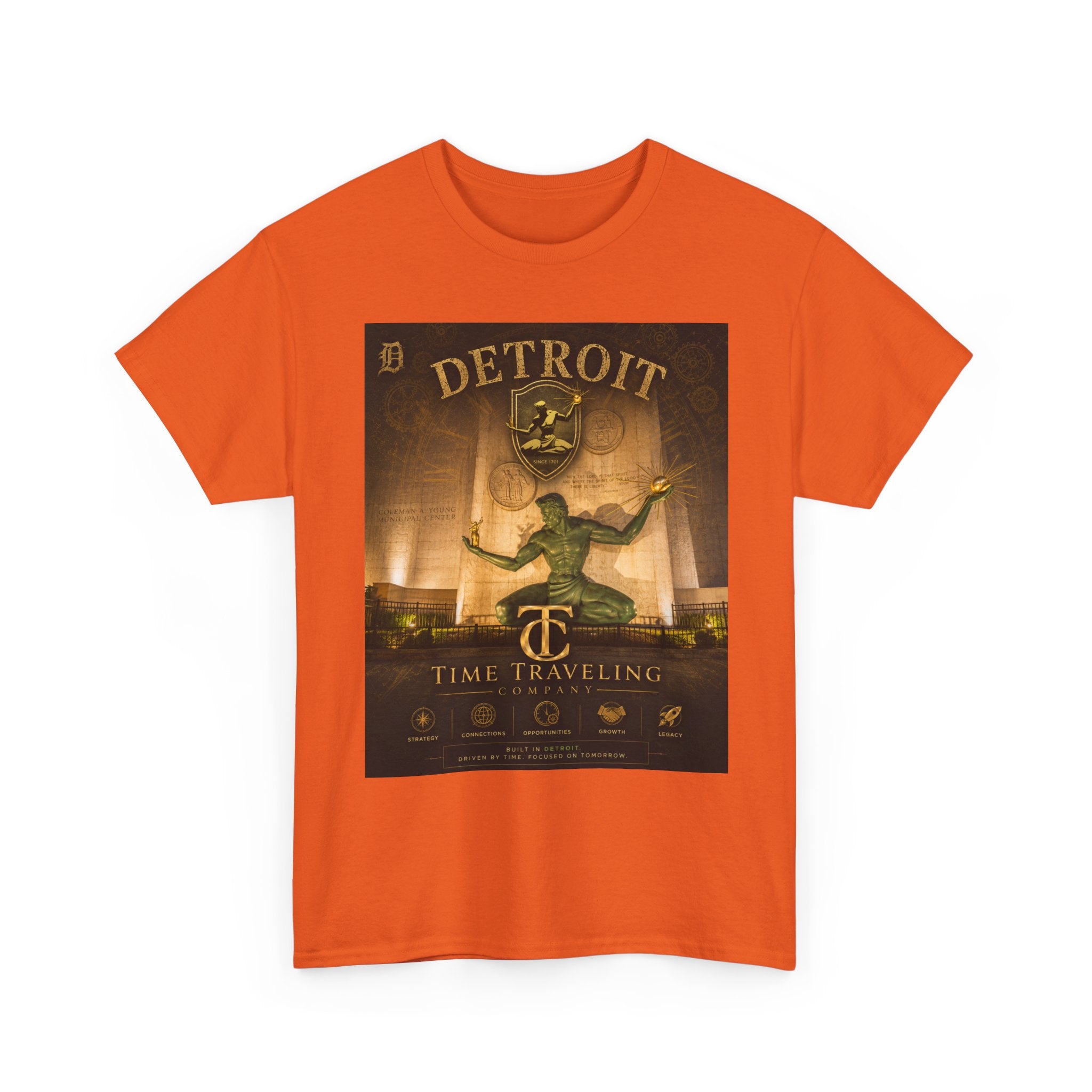 Detroit Time Traveling Company Tee — Vintage Guardian Statue Retro City Poster T-Shirt