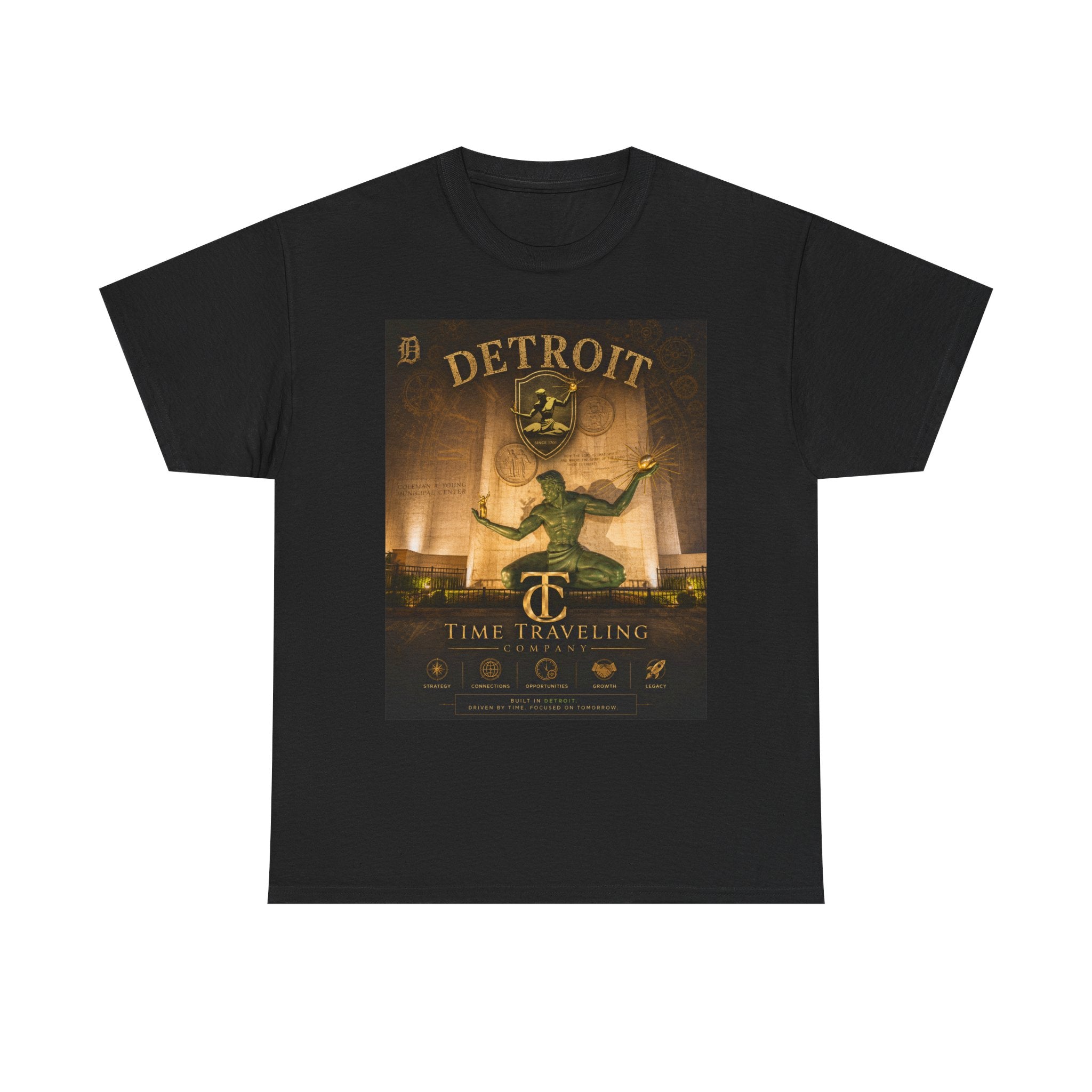 Detroit Time Traveling Company Tee — Vintage Guardian Statue Retro City Poster T-Shirt
