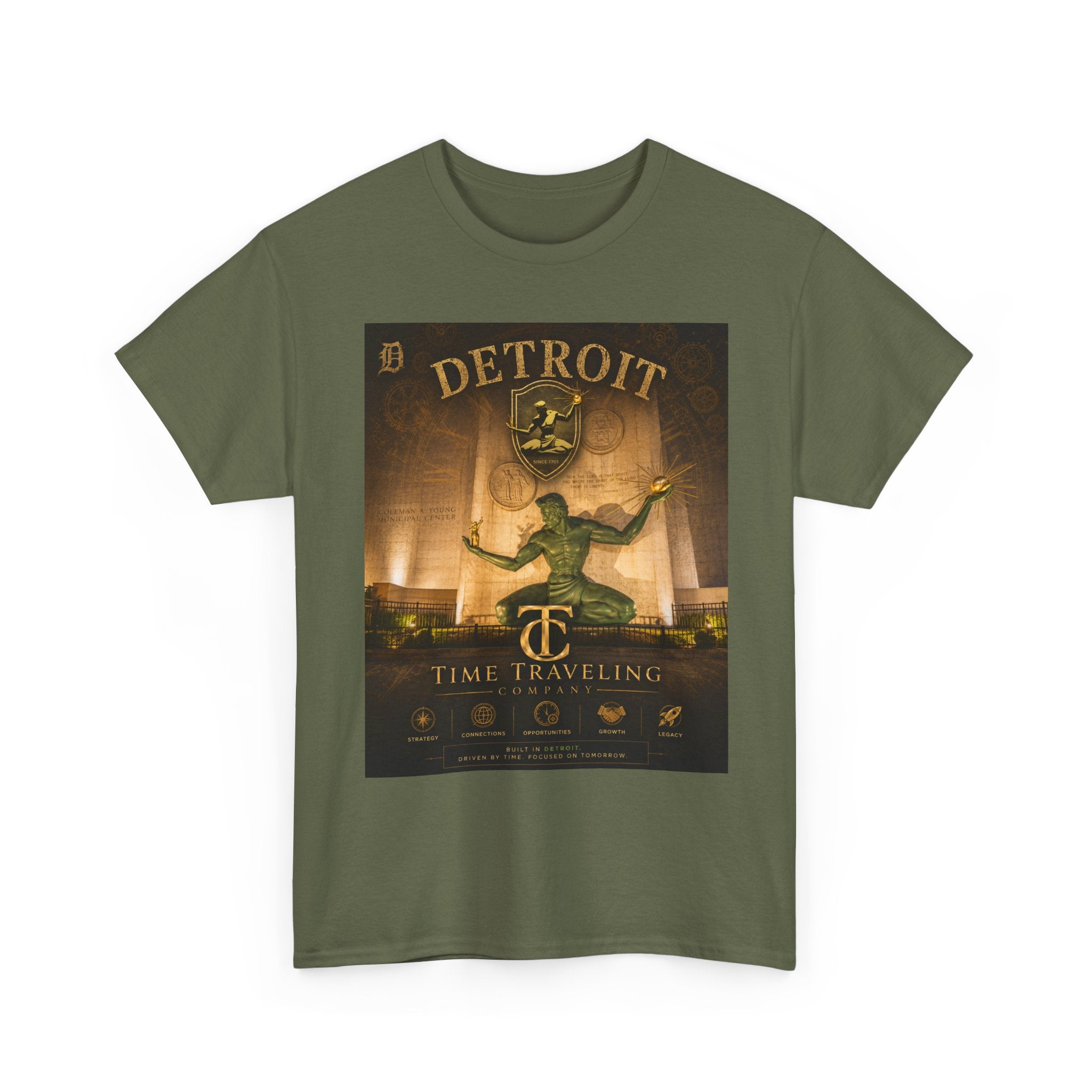 Detroit Time Traveling Company Tee — Vintage Guardian Statue Retro City Poster T-Shirt