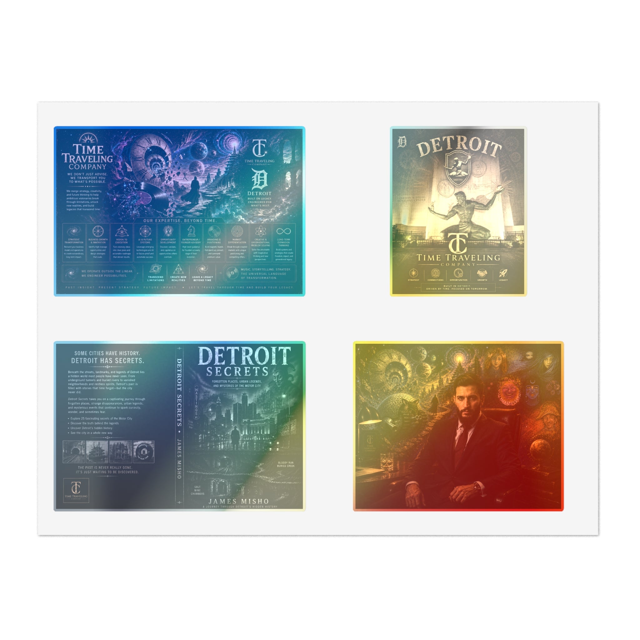 Detroit Time-Traveling Sticker Sheet — Vintage Mystery Poster Set