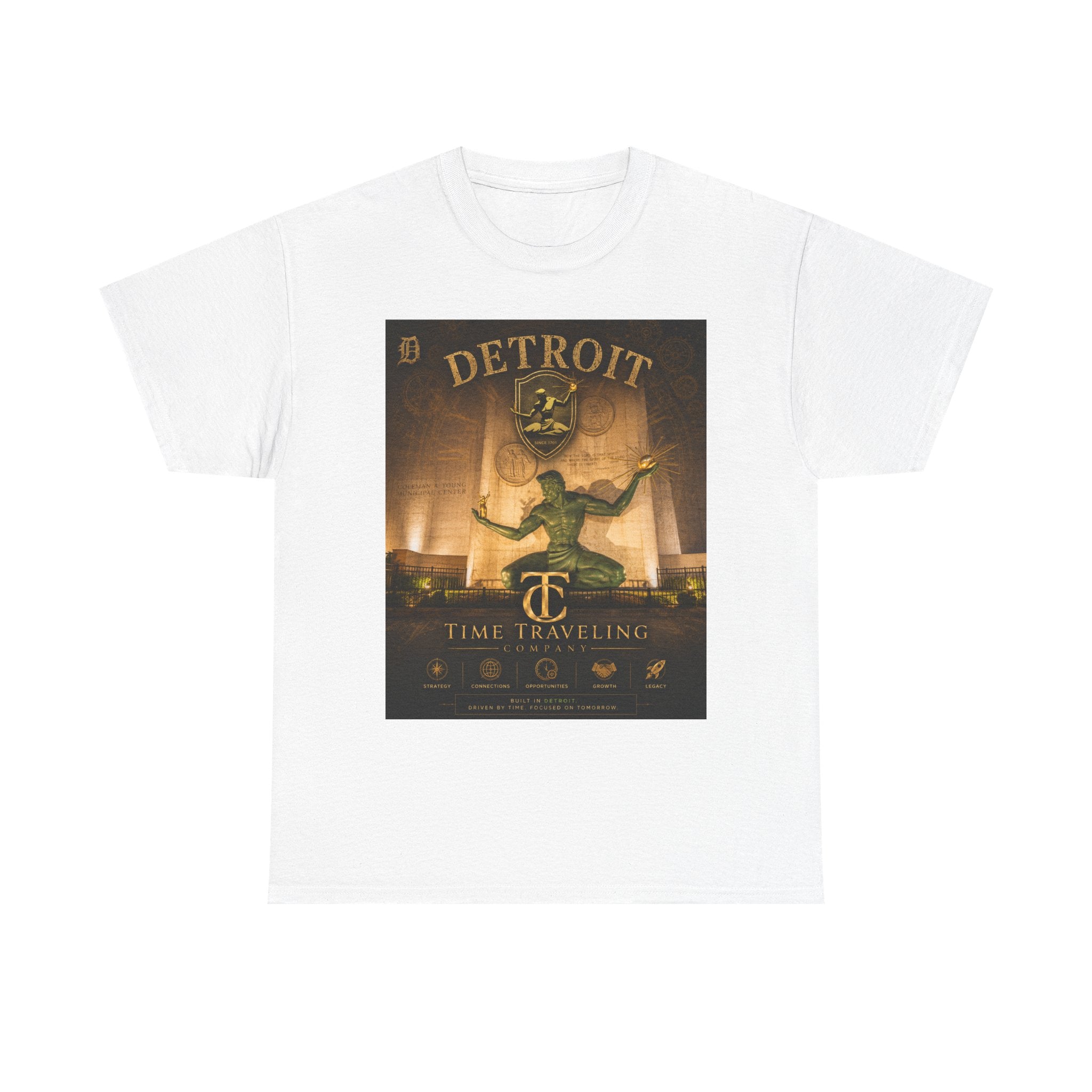 Detroit Time Traveling Company Tee — Vintage Guardian Statue Retro City Poster T-Shirt