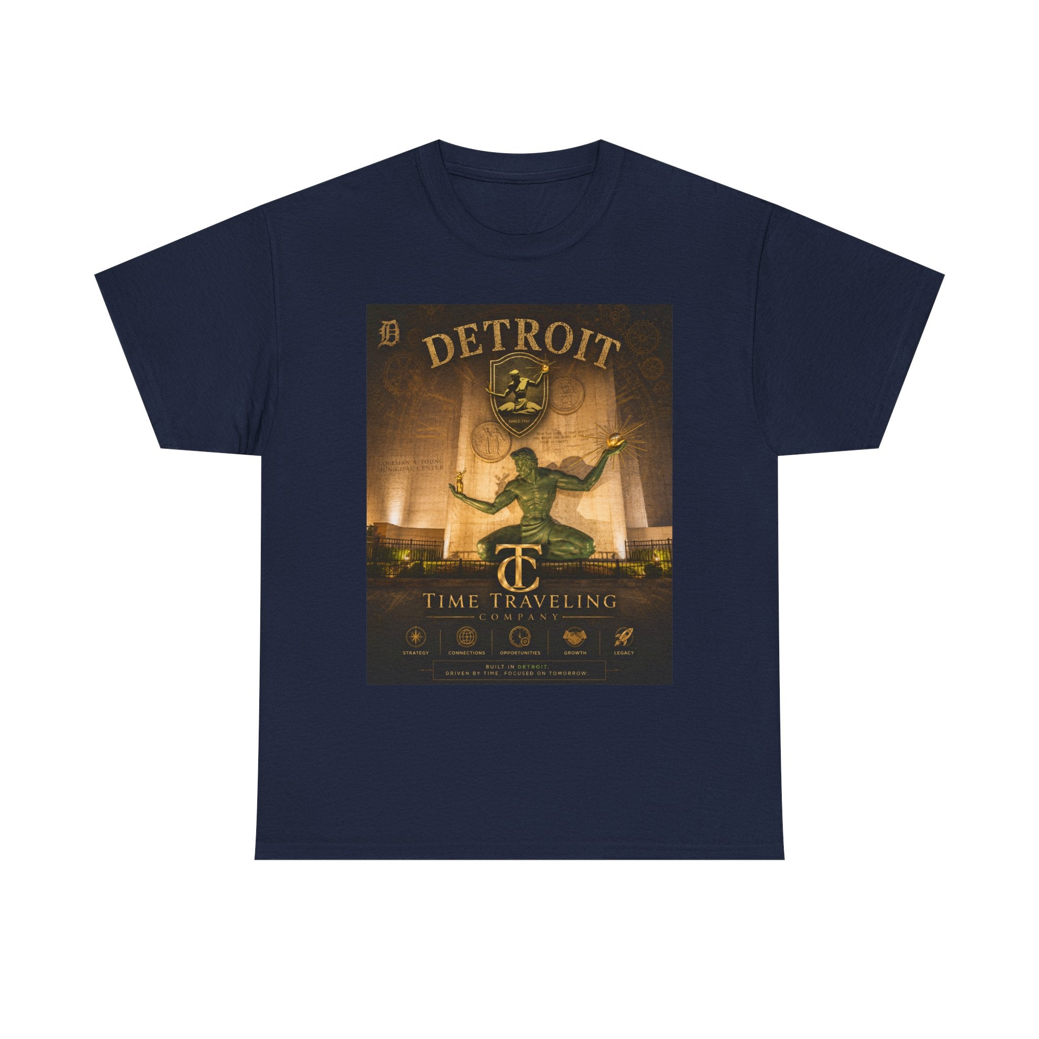 Detroit Time Traveling Company Tee — Vintage Guardian Statue Retro City Poster T-Shirt