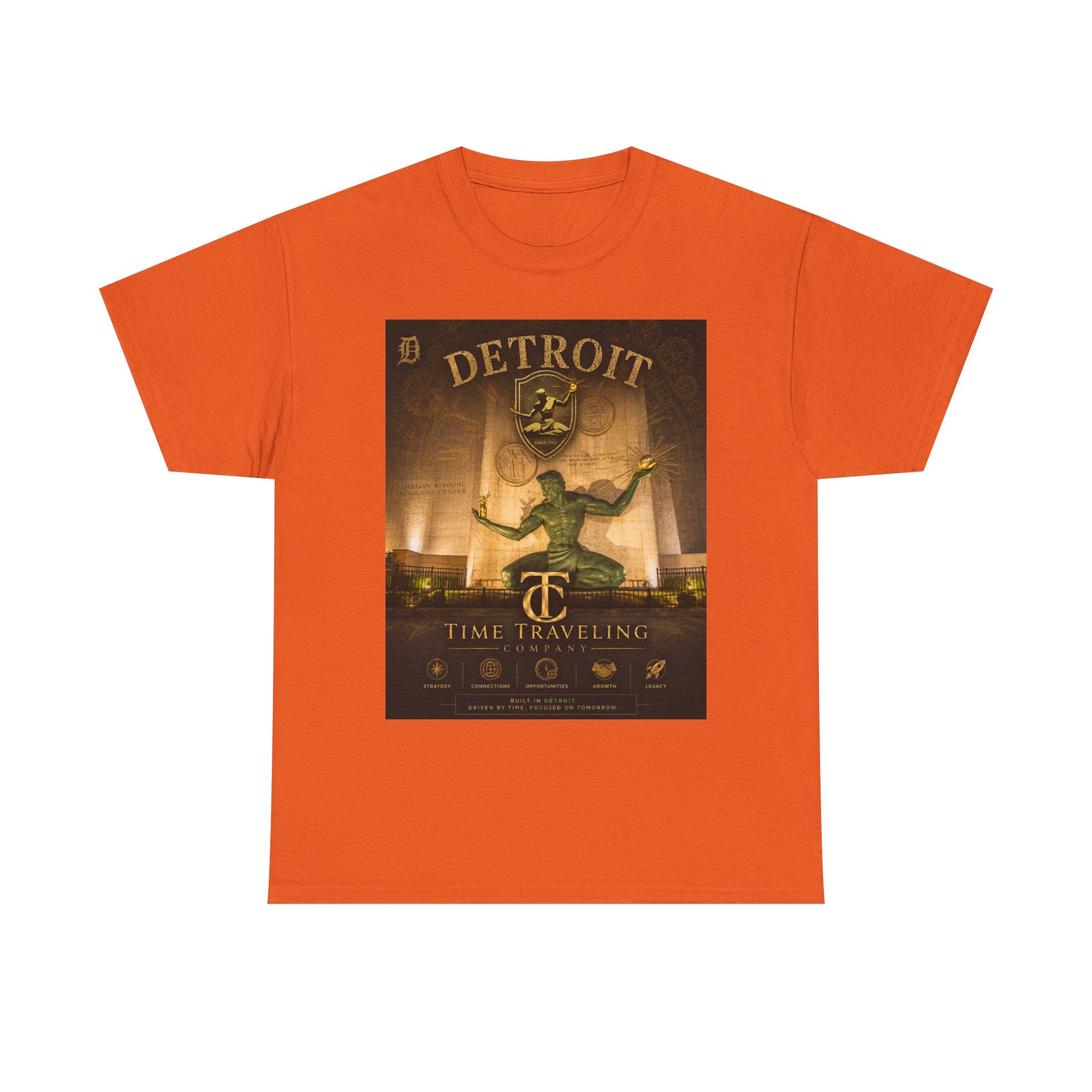 Detroit Time Traveling Company Tee — Vintage Guardian Statue Retro City Poster T-Shirt