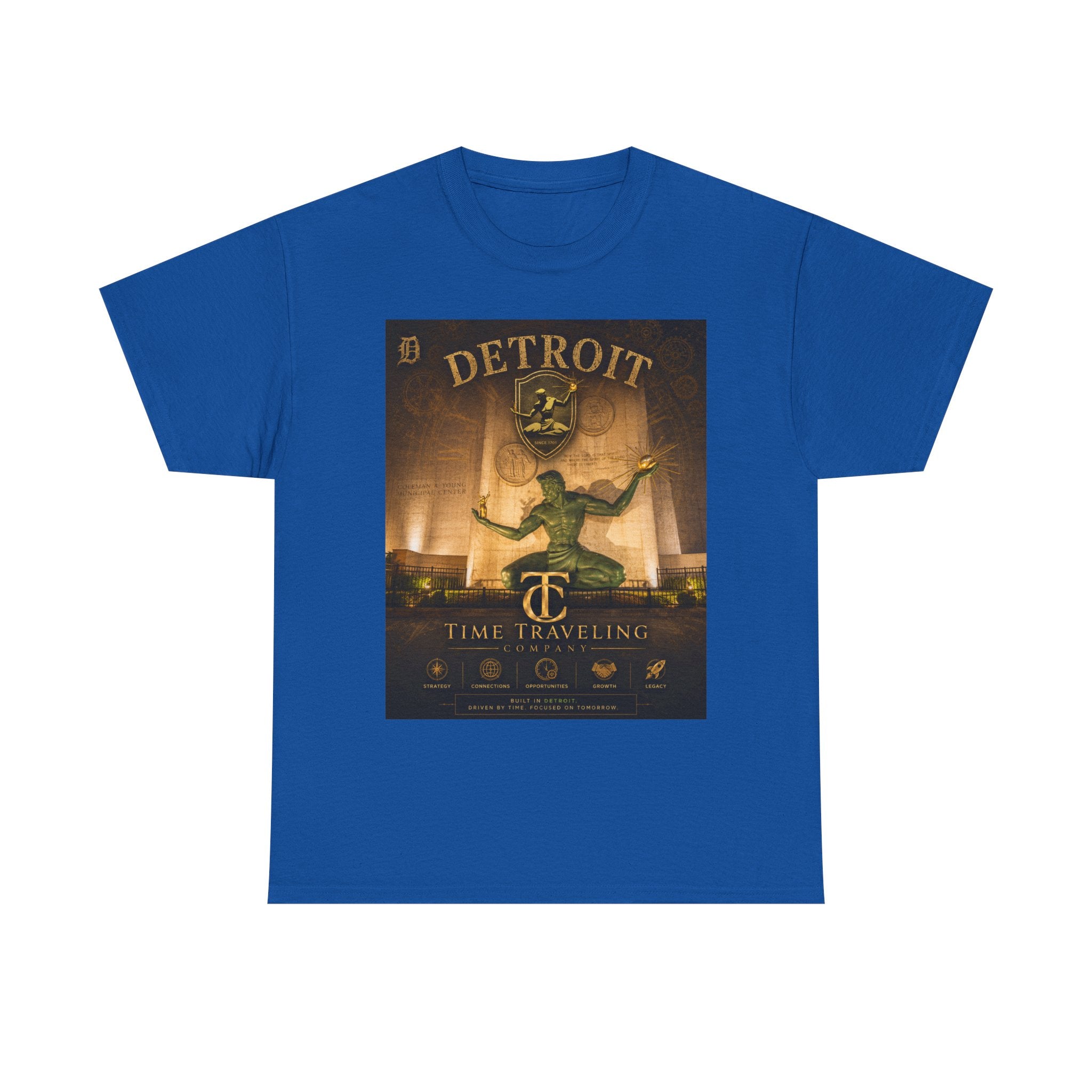 Detroit Time Traveling Company Tee — Vintage Guardian Statue Retro City Poster T-Shirt