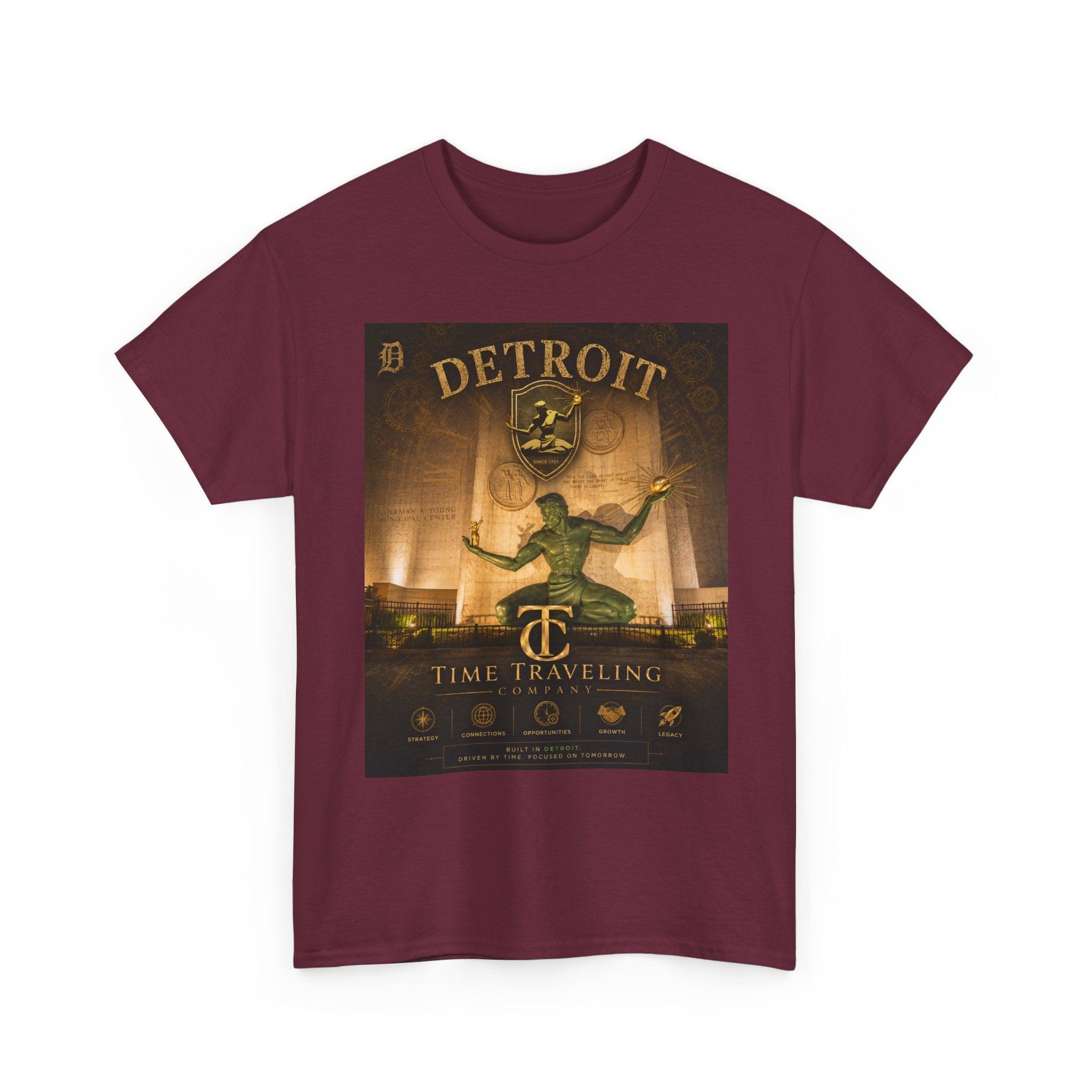 Detroit Time Traveling Company Tee — Vintage Guardian Statue Retro City Poster T-Shirt