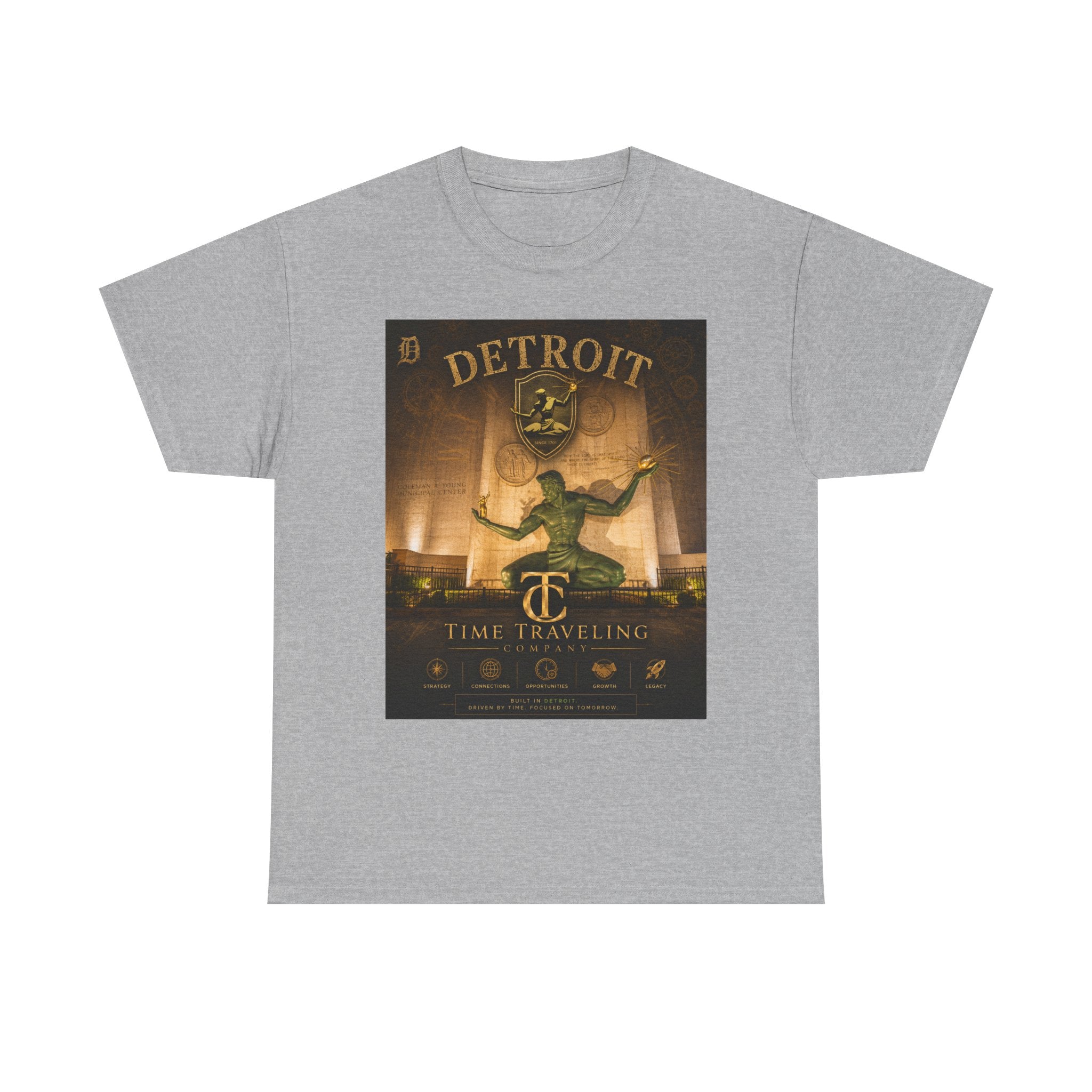 Detroit Time Traveling Company Tee — Vintage Guardian Statue Retro City Poster T-Shirt