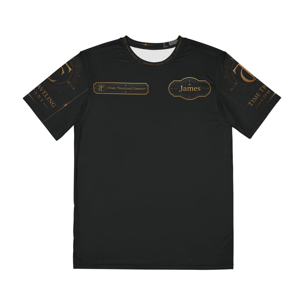 Time Traveling Company Logo Tee — Black Graphic Polyester Shirt ("James")