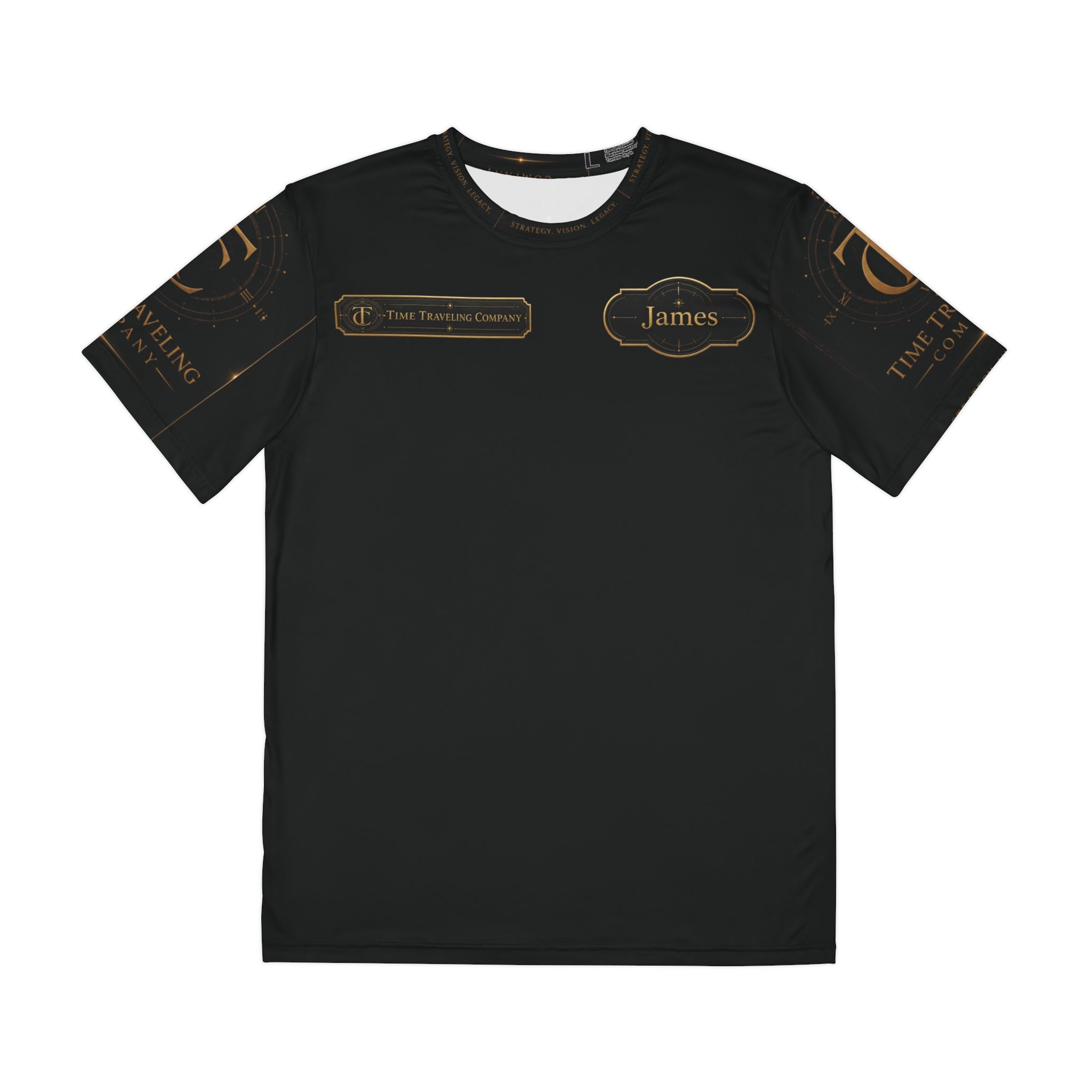 Time Traveling Company Logo Tee — Black Graphic Polyester Shirt ("James")