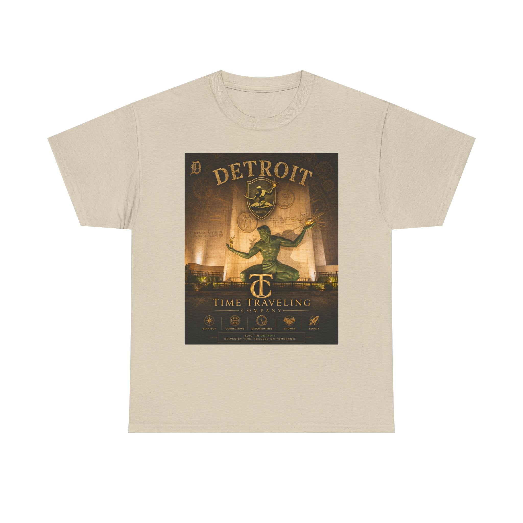 Detroit Time Traveling Company Tee — Vintage Guardian Statue Retro City Poster T-Shirt