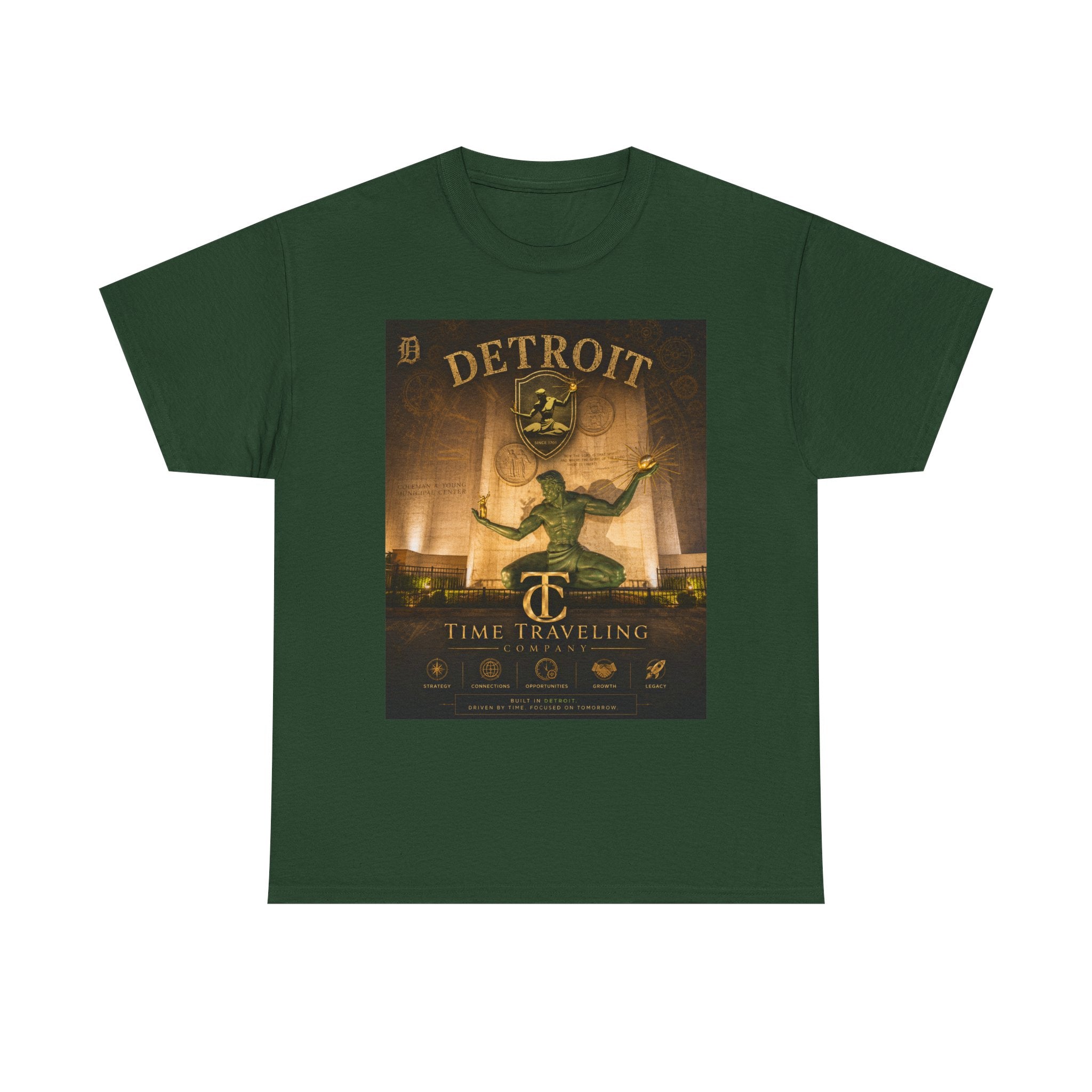 Detroit Time Traveling Company Tee — Vintage Guardian Statue Retro City Poster T-Shirt