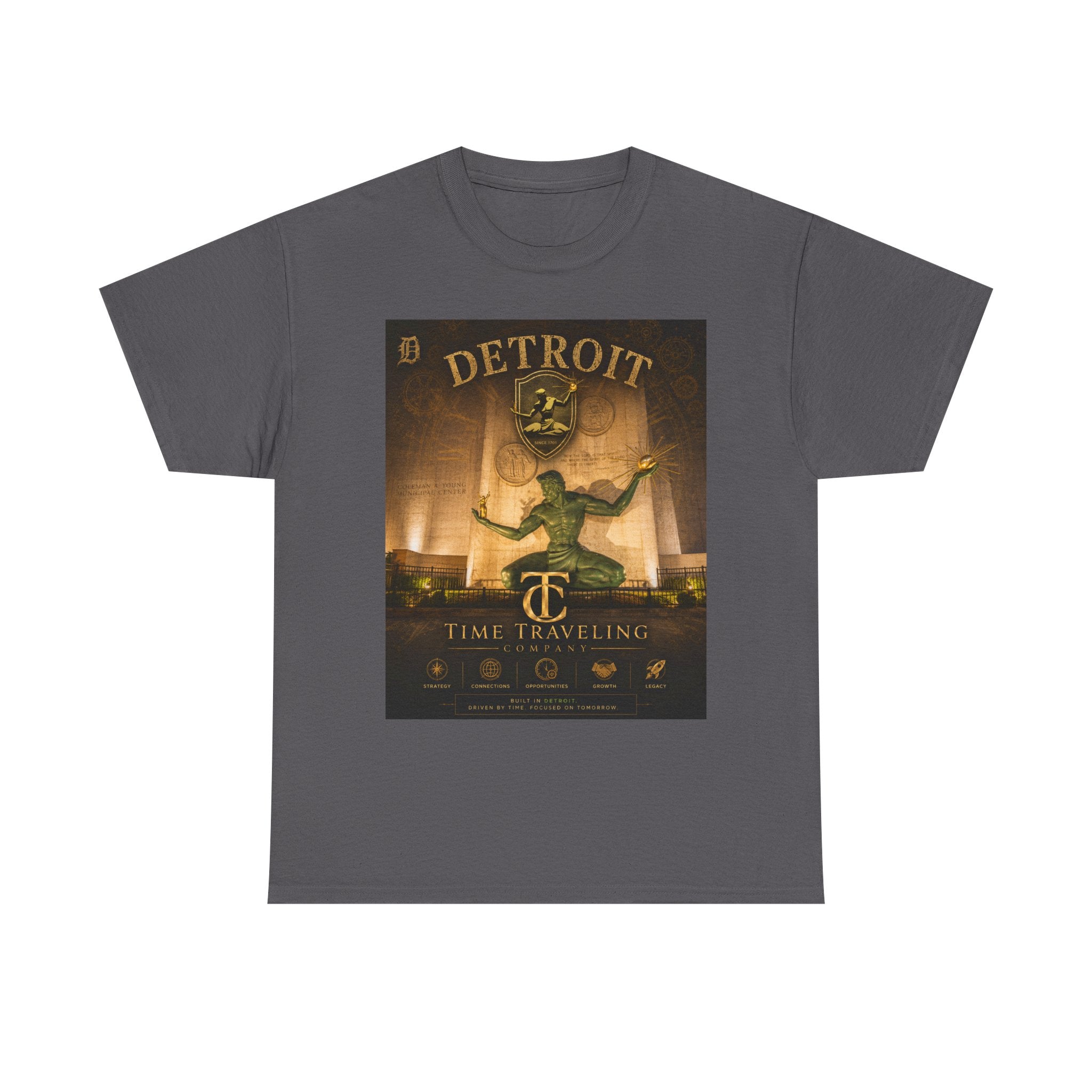 Detroit Time Traveling Company Tee — Vintage Guardian Statue Retro City Poster T-Shirt