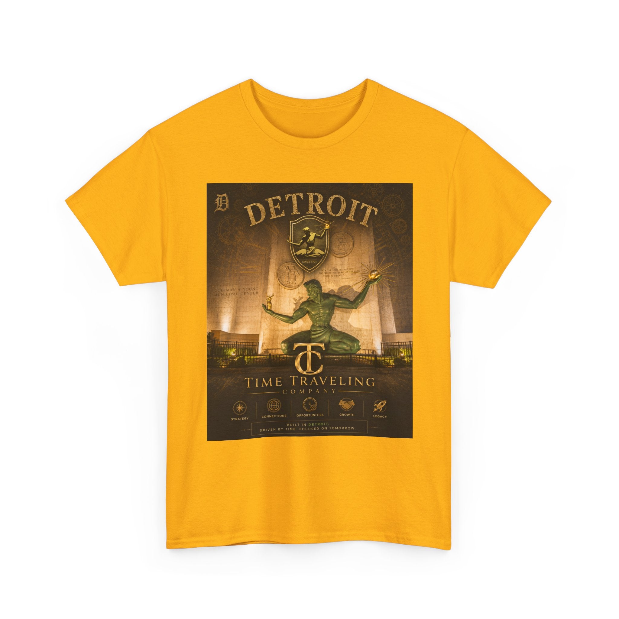 Detroit Time Traveling Company Tee — Vintage Guardian Statue Retro City Poster T-Shirt