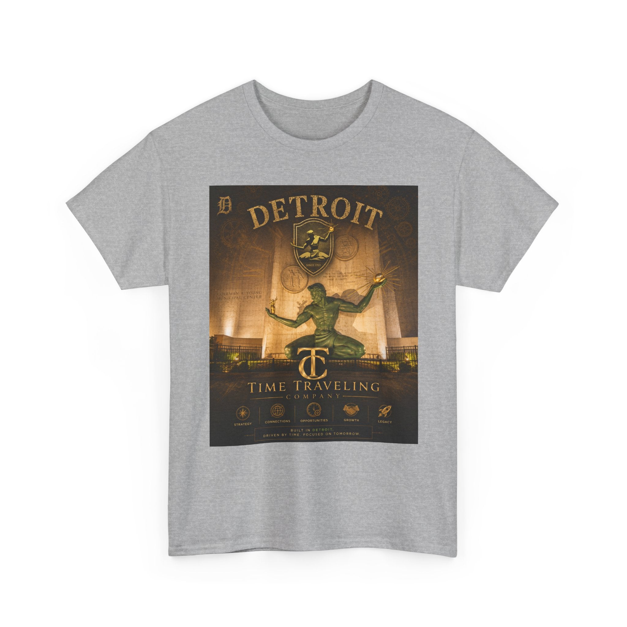 Detroit Time Traveling Company Tee — Vintage Guardian Statue Retro City Poster T-Shirt