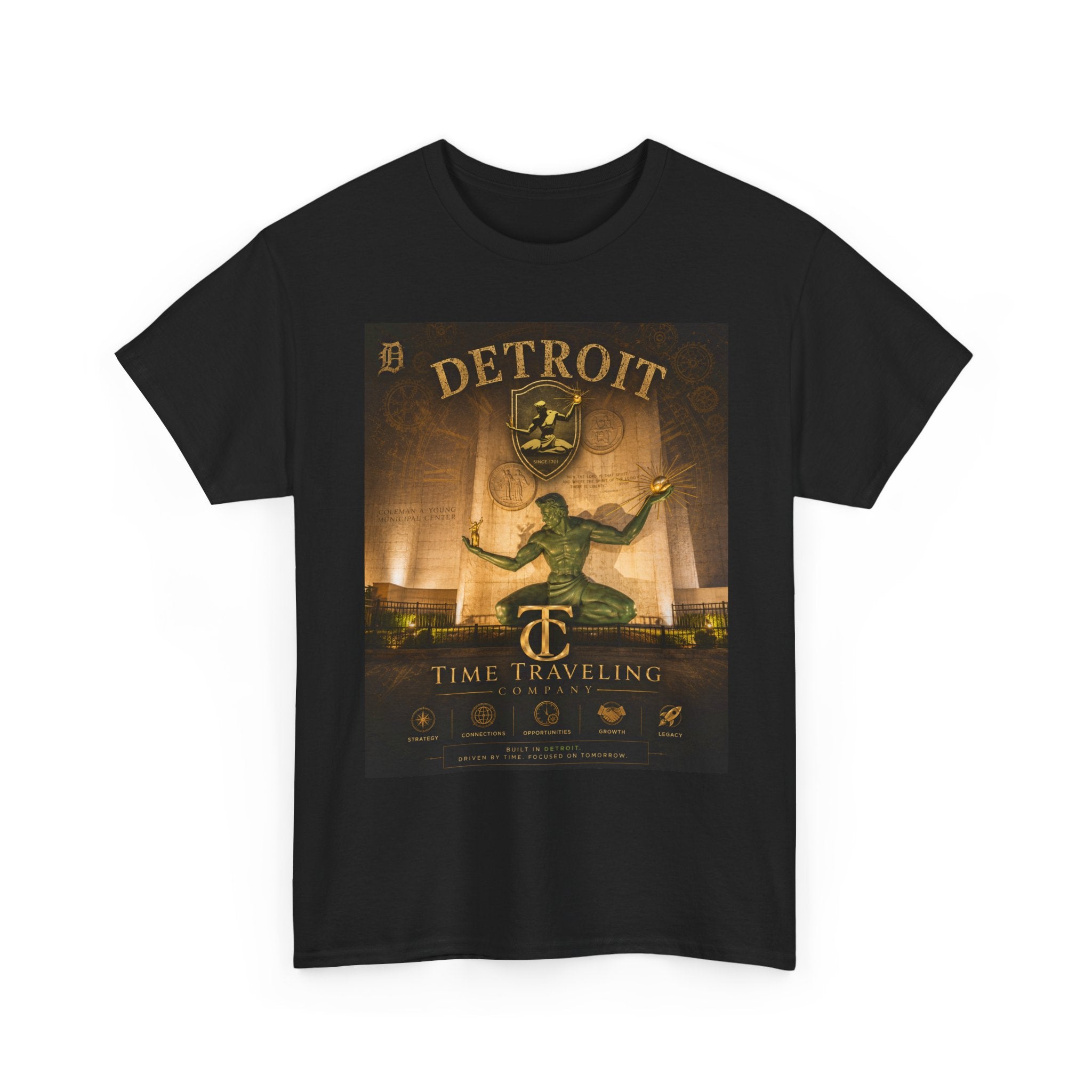 Detroit Time Traveling Company Tee — Vintage Guardian Statue Retro City Poster T-Shirt
