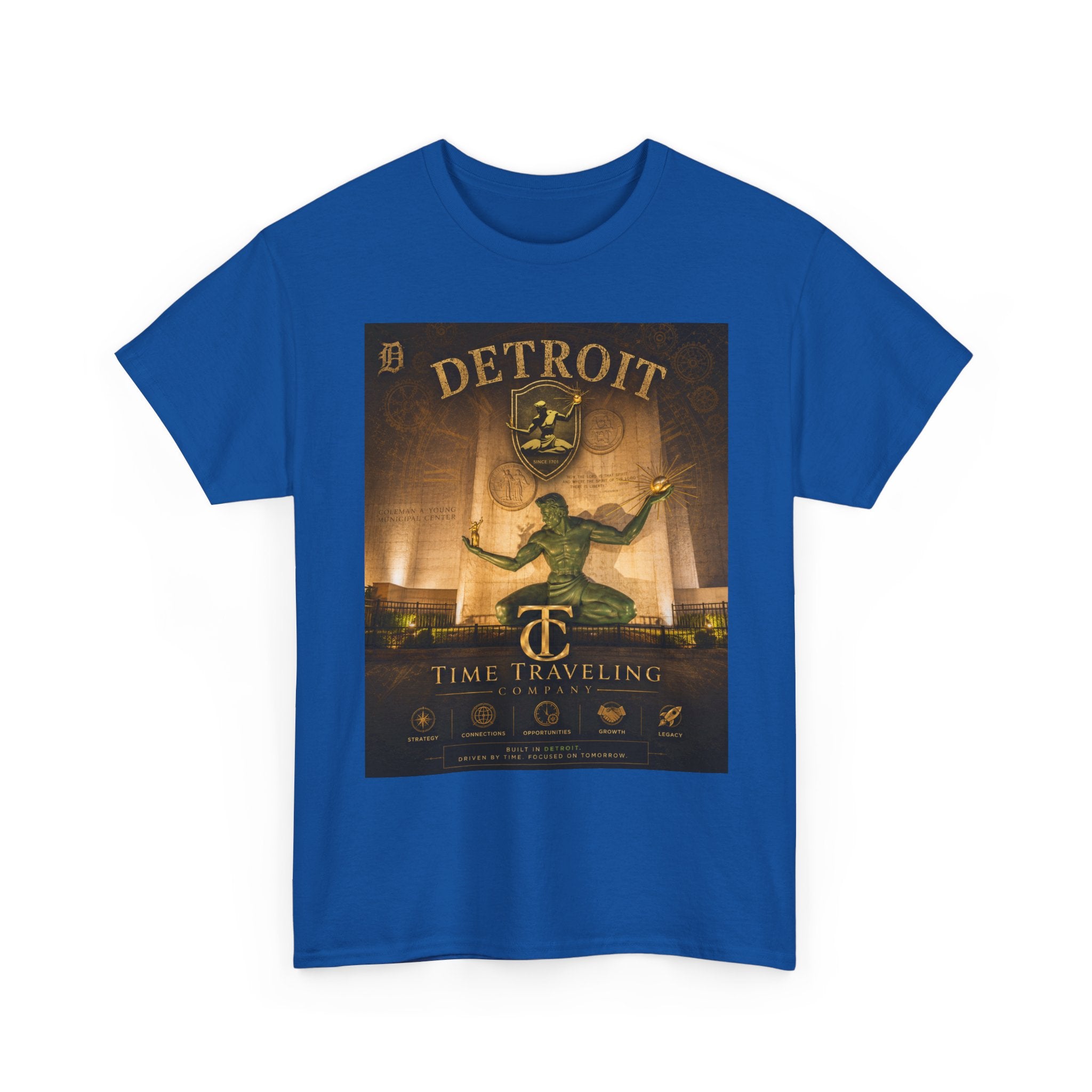 Detroit Time Traveling Company Tee — Vintage Guardian Statue Retro City Poster T-Shirt