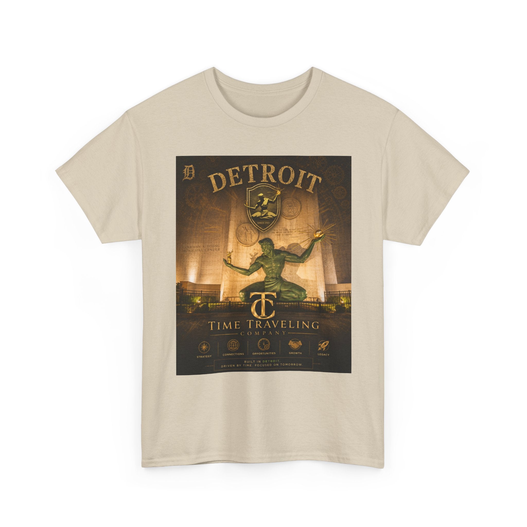 Detroit Time Traveling Company Tee — Vintage Guardian Statue Retro City Poster T-Shirt