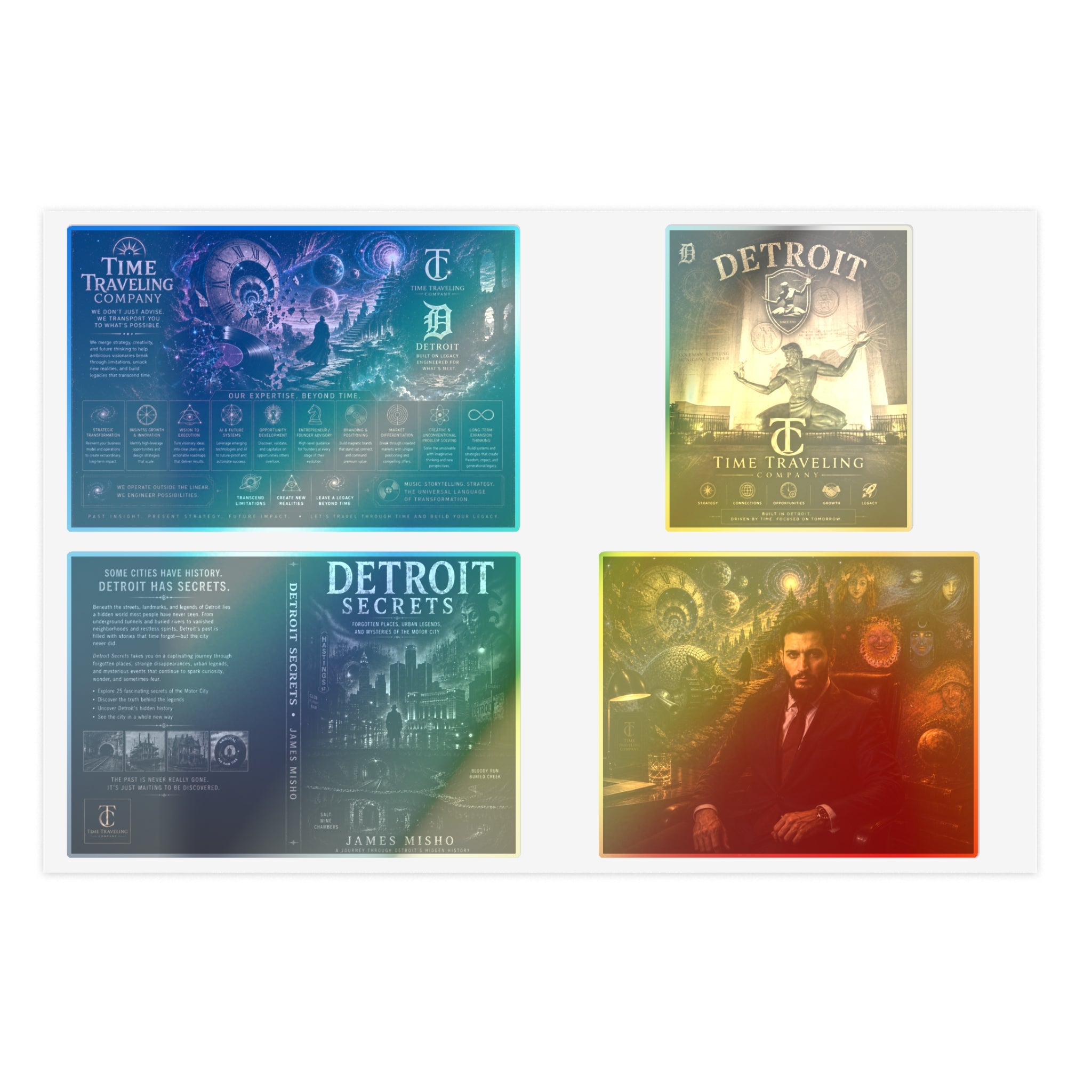 Detroit Time-Traveling Sticker Sheet — Vintage Mystery Poster Set