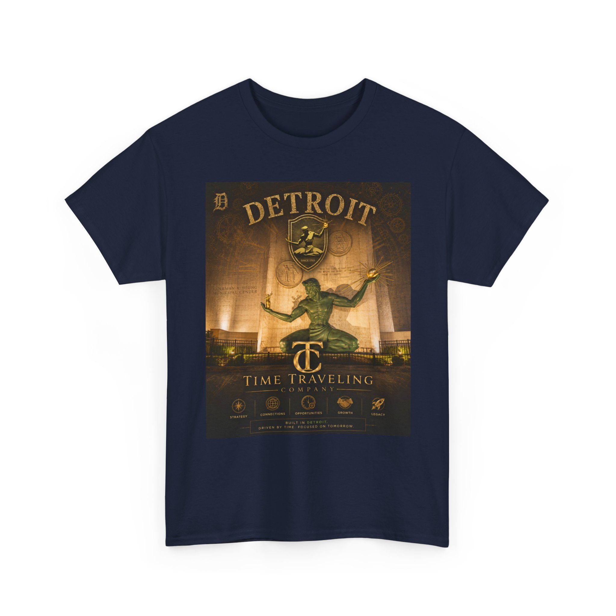 Detroit Time Traveling Company Tee — Vintage Guardian Statue Retro City Poster T-Shirt