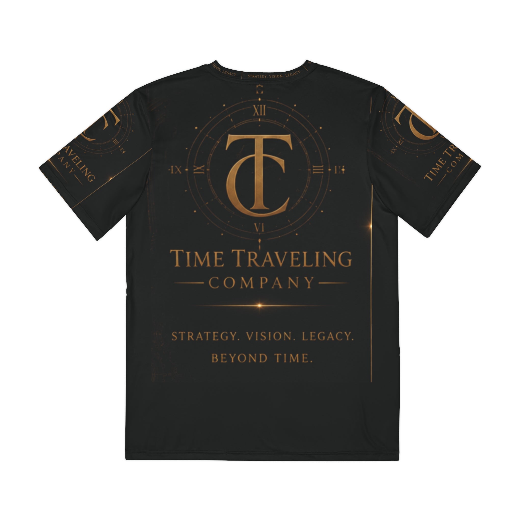 Time Traveling Company Logo Tee — Black Graphic Polyester Shirt ("James")