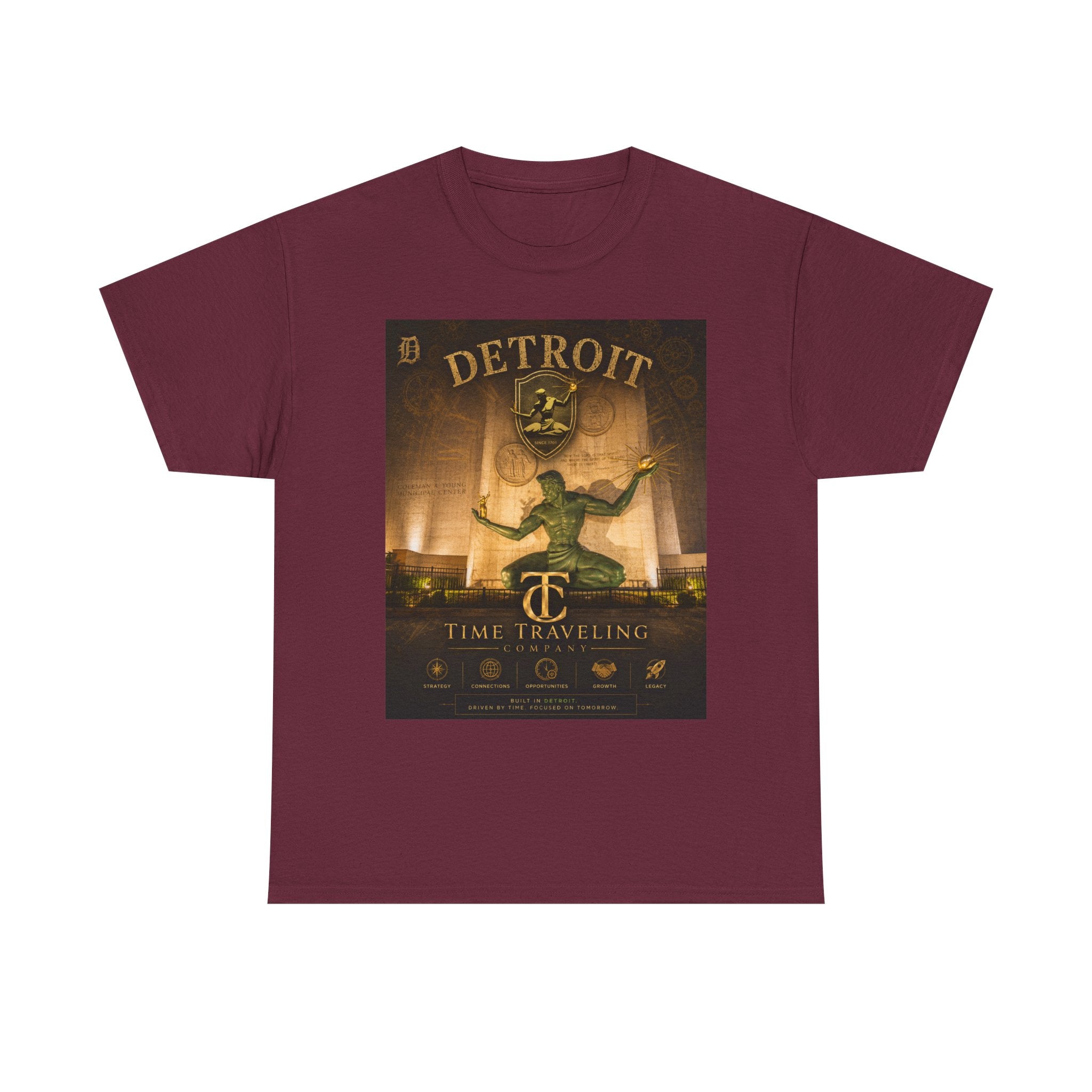 Detroit Time Traveling Company Tee — Vintage Guardian Statue Retro City Poster T-Shirt