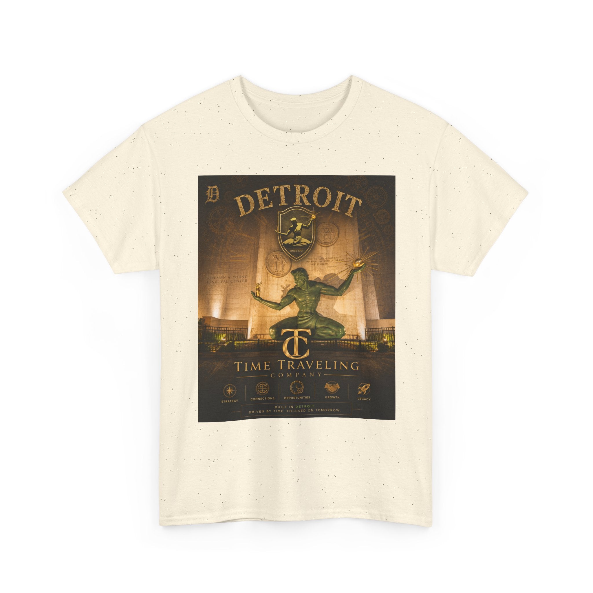 Detroit Time Traveling Company Tee — Vintage Guardian Statue Retro City Poster T-Shirt