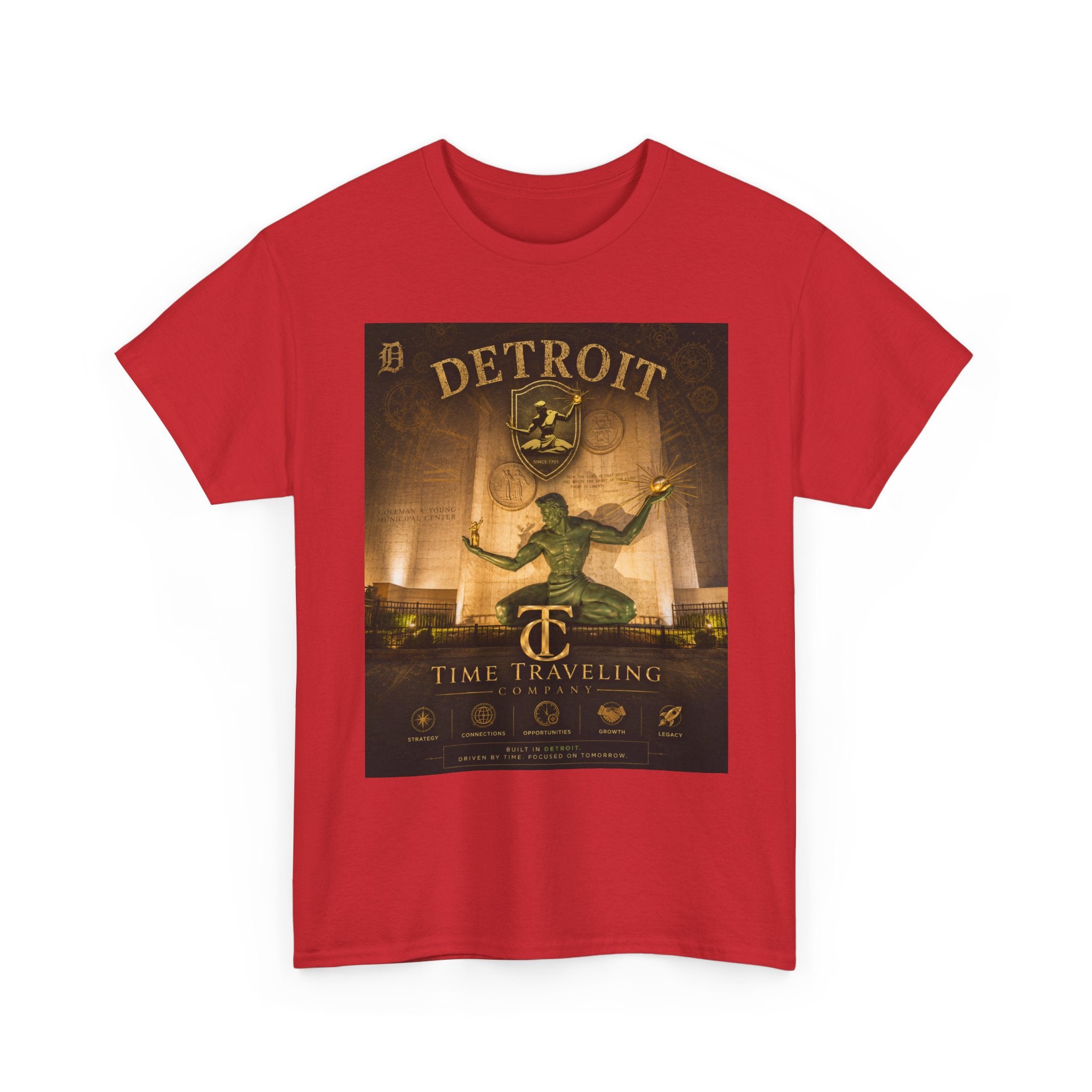 Detroit Time Traveling Company Tee — Vintage Guardian Statue Retro City Poster T-Shirt