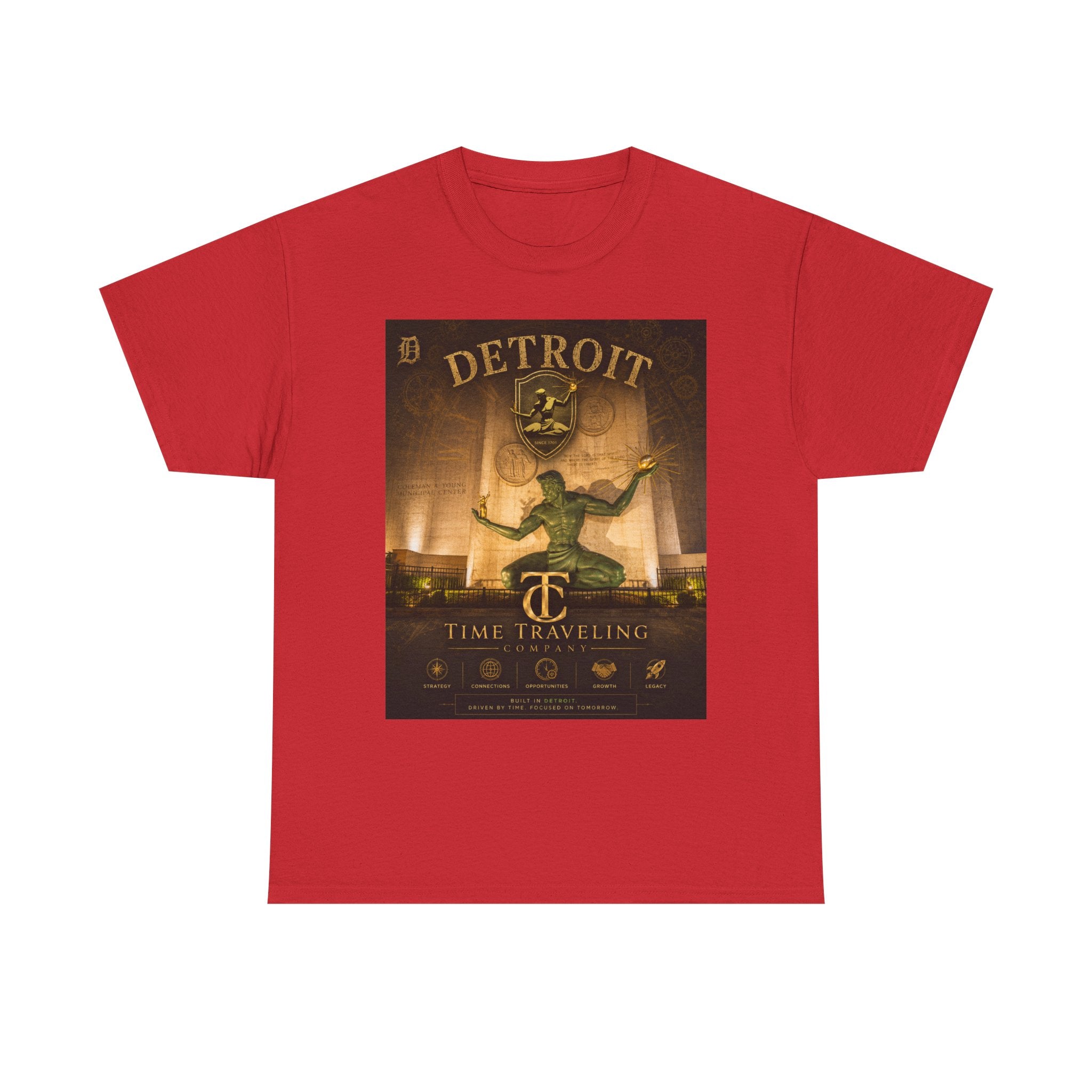 Detroit Time Traveling Company Tee — Vintage Guardian Statue Retro City Poster T-Shirt
