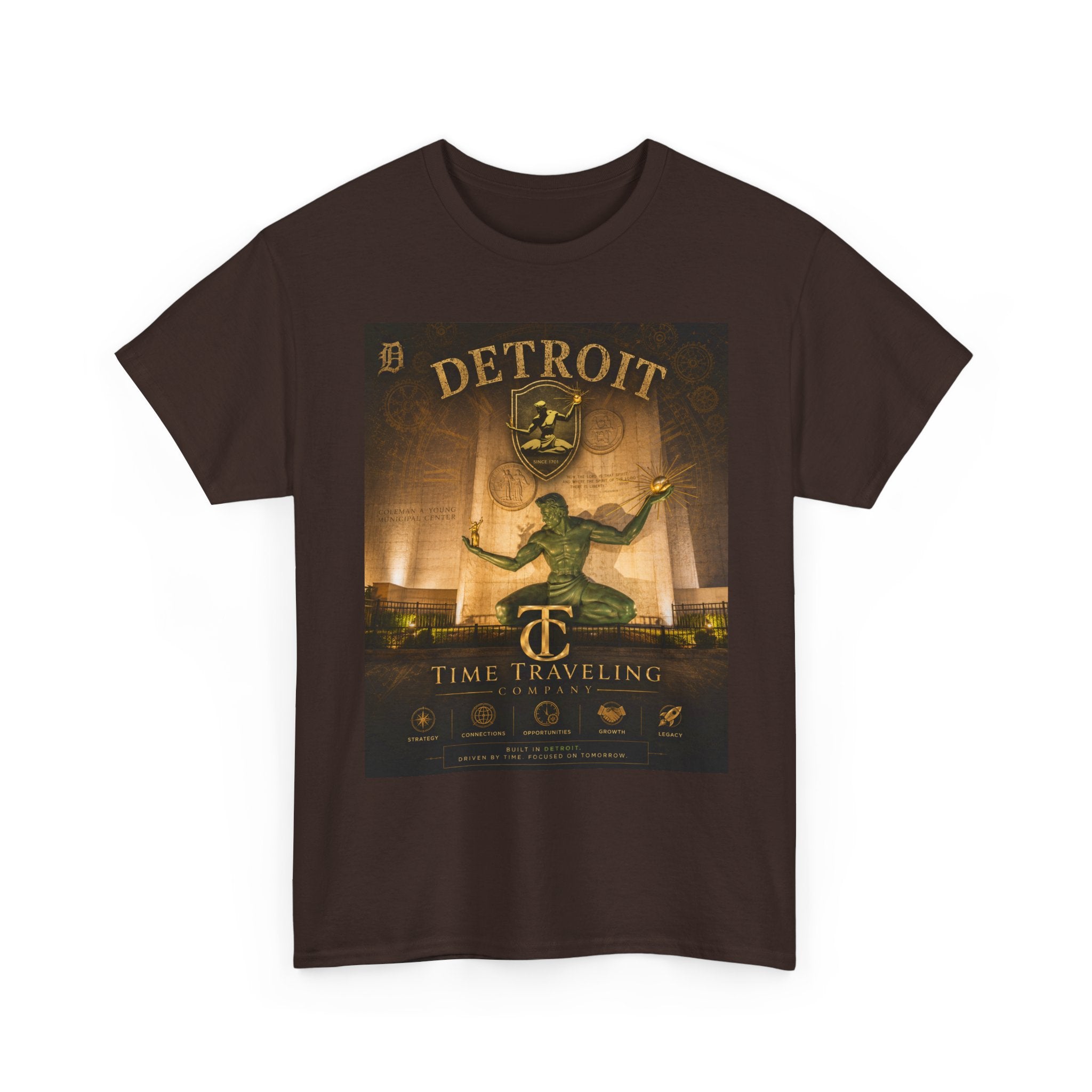 Detroit Time Traveling Company Tee — Vintage Guardian Statue Retro City Poster T-Shirt